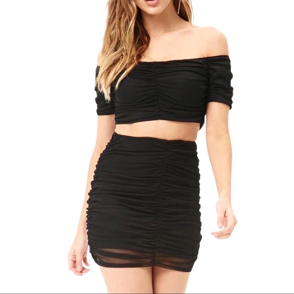 ruched black skirt two piece set